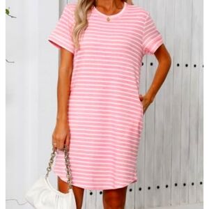Pink Striped Casual Dress With Pockets